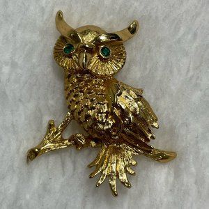 Vintage Monet Brooch Figural Gold textured owl on a branch